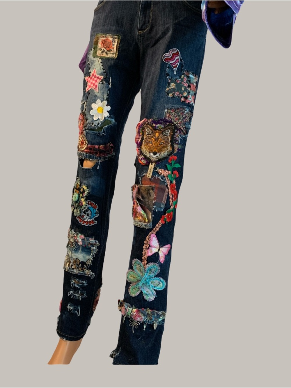 Upcycled Patchwork and Patched Embellished Dark Blue Cigarette Cut Denim Jeans - Picture 4 of 15